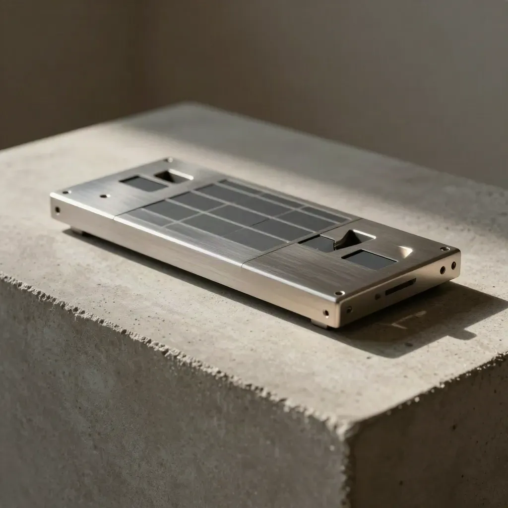 Modular control slab with companion modules on a concrete plinth under dramatic side light.