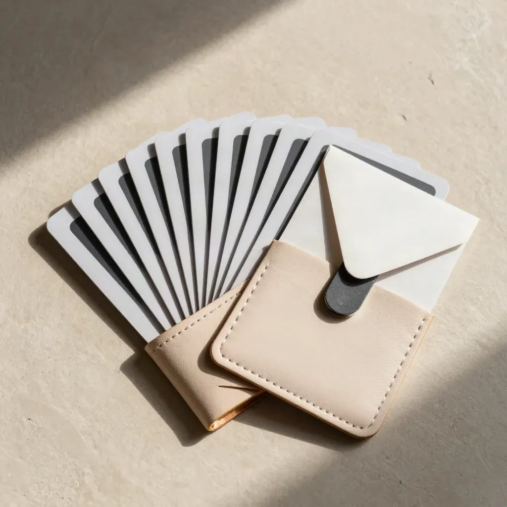 Oblique flatlay of revenue cards in a pale leather holder with envelope and spacer on warm plaster.