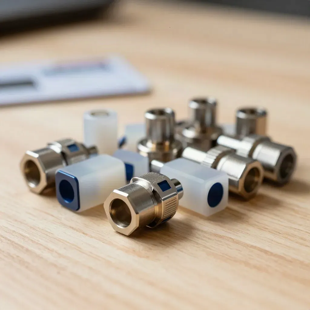 Macro of brushed metal connector parts and frosted resin links on pale oak with blue accent.