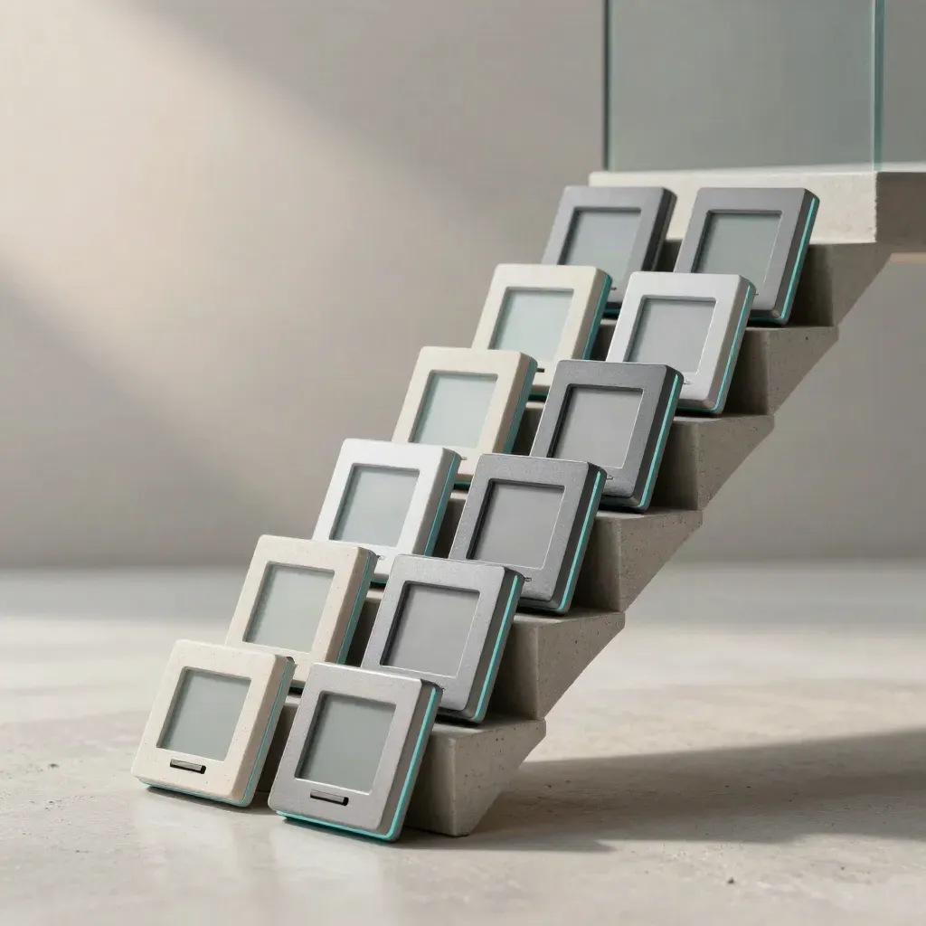Eight square KPI tiles float over concrete with cyan accents in a high three-quarter product shot