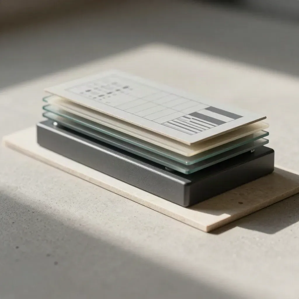 Layered graphite revenue slab with translucent bands on concrete, lit by a diagonal shadow.