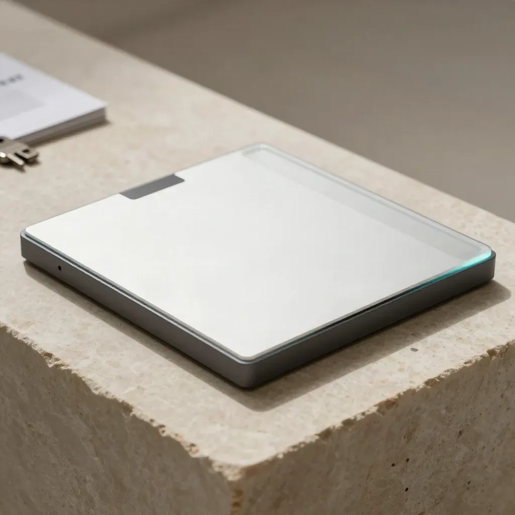 Floating analytics summary tile with side tab and companion strip on pale stone.